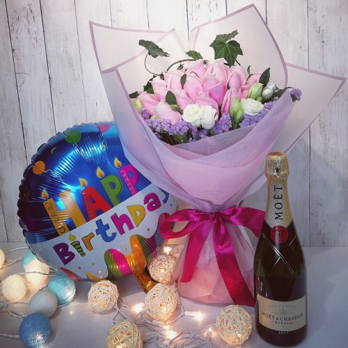 Birthday Combo Flowers, Champagne and Balloon