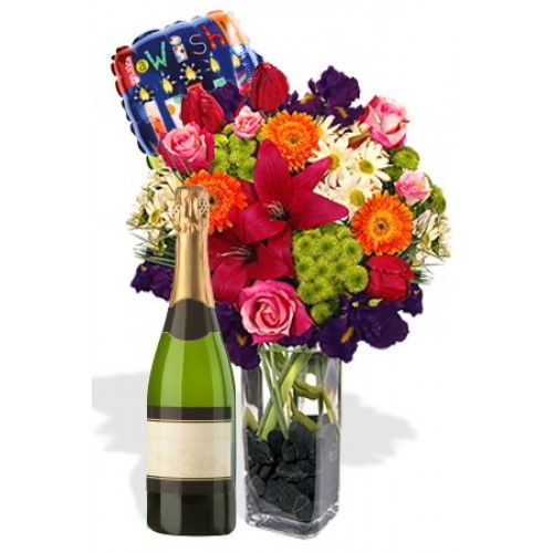 Mixed Bouquet Package , Bubble Wine and Helium Balloon