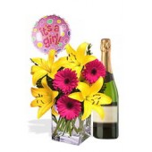 Asiatic and Gerbera Package White Wine and  Its a GIRL Helium Balloon
