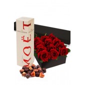 Romance Package , One Dozen Rose in Gift Box, Gift Box Chocolate and 75cl Moet Chondon Champagne